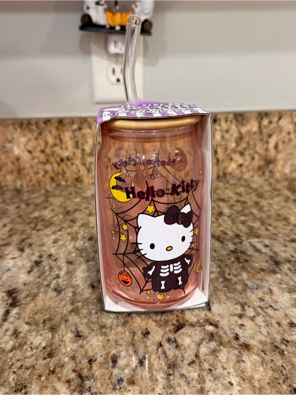 New Hello Kitty Sanrio Pink Skeleton Halloween Spooky Glass Cup with Straw 16 oz